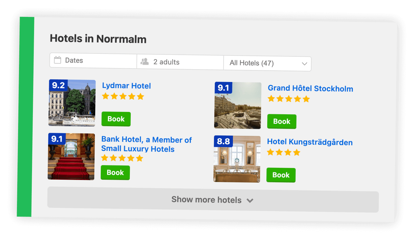 Screenshot of hotels section